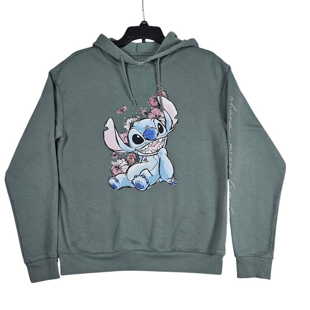 Disney Stitch Hoodie Women M Green Pullover Ohana Means Family Sweatshirt Cozy